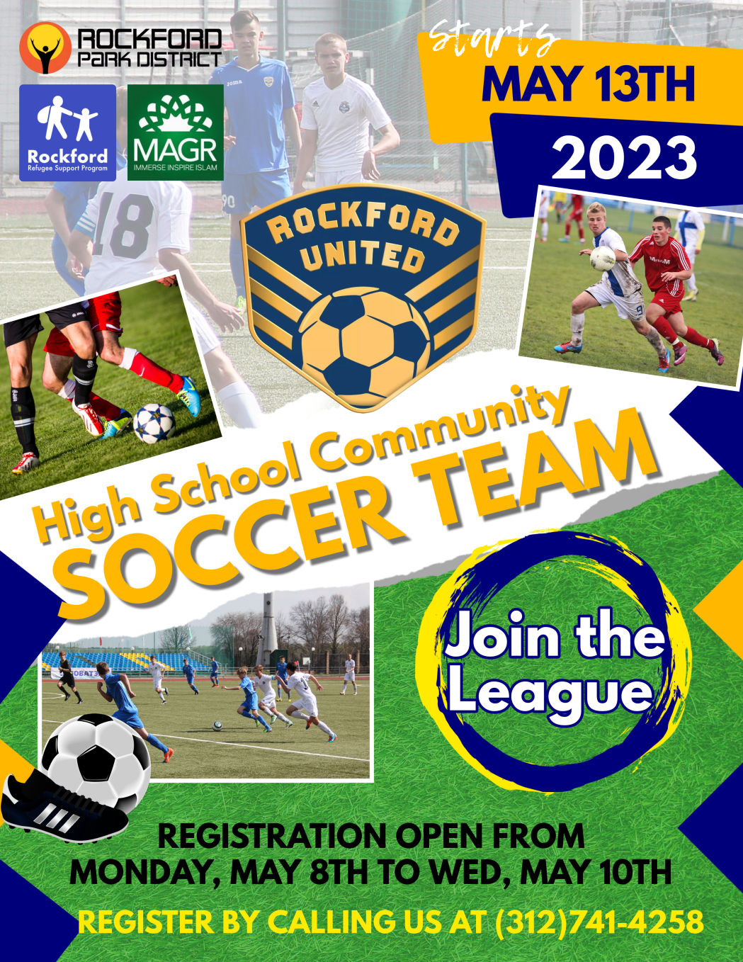 Rockford United community soccer team league flyer